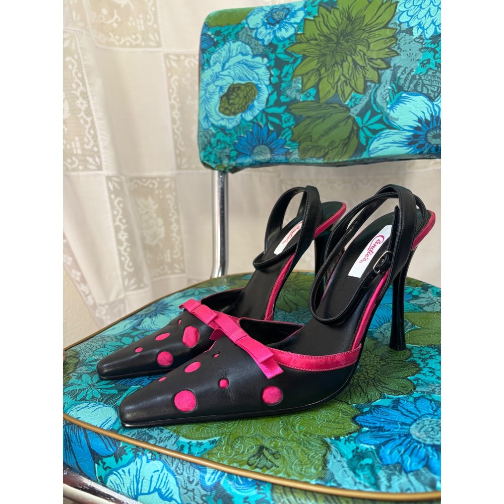 VTG Black Leather+Pink Satin Polka Dot Pointy Toe Ankle Strap Heels Size 9